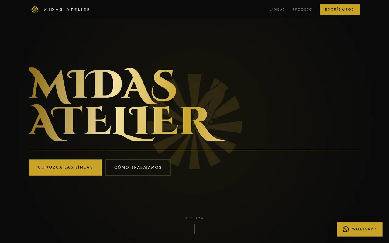 Portada del sitio de Midas Atelier: el nombre en letras doradas sobre fondo negro